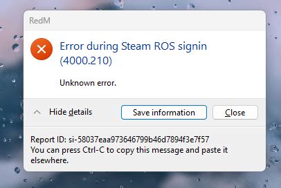 RedM error Steam ROS Signin 4000.210 .